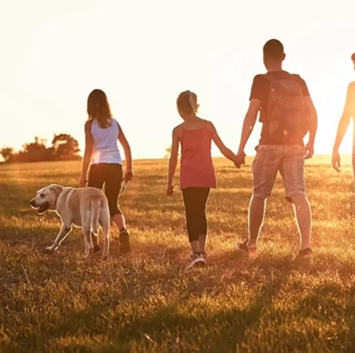 Family of two parents and three kids walking in a field with their dog as the sun sets