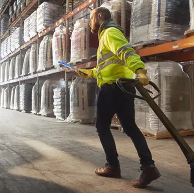 Man in a warehouse pulling a hand truck with large shelving holding large sacks, and a forklift truck in the far end of the aisle Man in a warehouse pulling a hand truck with large shelving holding large sacks, and a forklift truck in the far end of the aisle