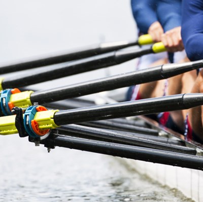 Four rows of oars with side view of four males rowing in water