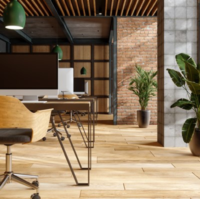 Large, very modern looking office with desk, monitors and plants Large, very modern looking office with desk, monitors and plants
