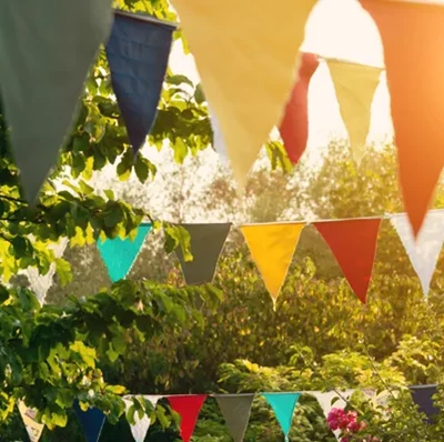 Rows of multi coloured bunting strung across a garden with a backdrop of trees, bushes and a few dark pink roses with a yellow sky