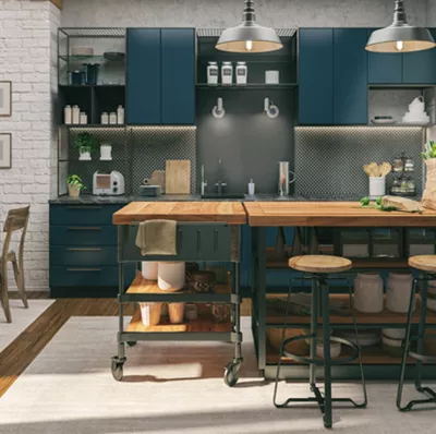 Exposed brick industrial kitchen with an wooden topped island and exposed shelving below and a solid wooden a dining table to the left Exposed brick industrial kitchen with an wooden topped island and exposed shelving below and a solid wooden a dining table to the left