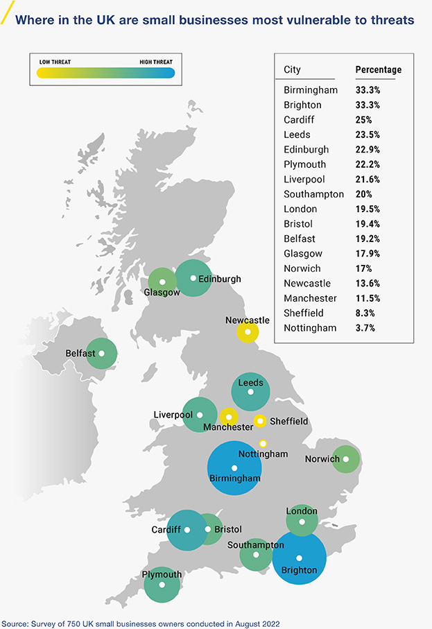 map of the UK showing where which cities are most vulnerable to threats